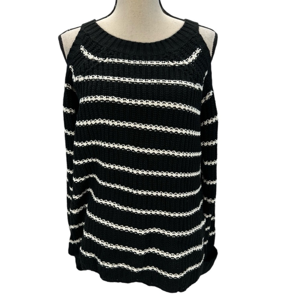 Hippie Rose Long Sleeve Cold Shoulder Crew Neck Black White Striped Sweater -Lrg